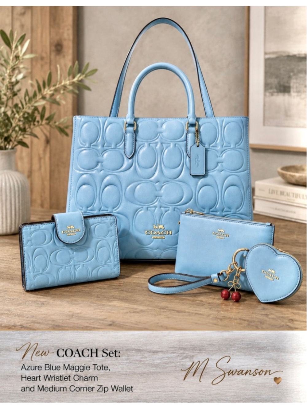 NEW Coach Maggie Tote Bag Azure Blue Signature Leather + wallet + wristlet NWT